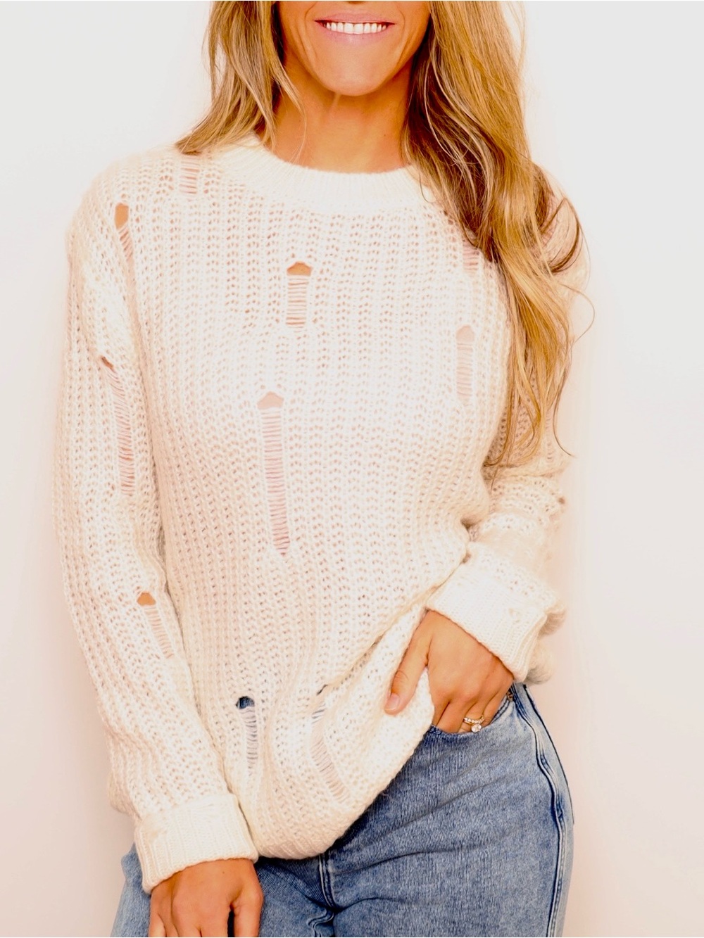 Brandy Melville White Distressed Mohair Wool Blend Open Knit Sweater